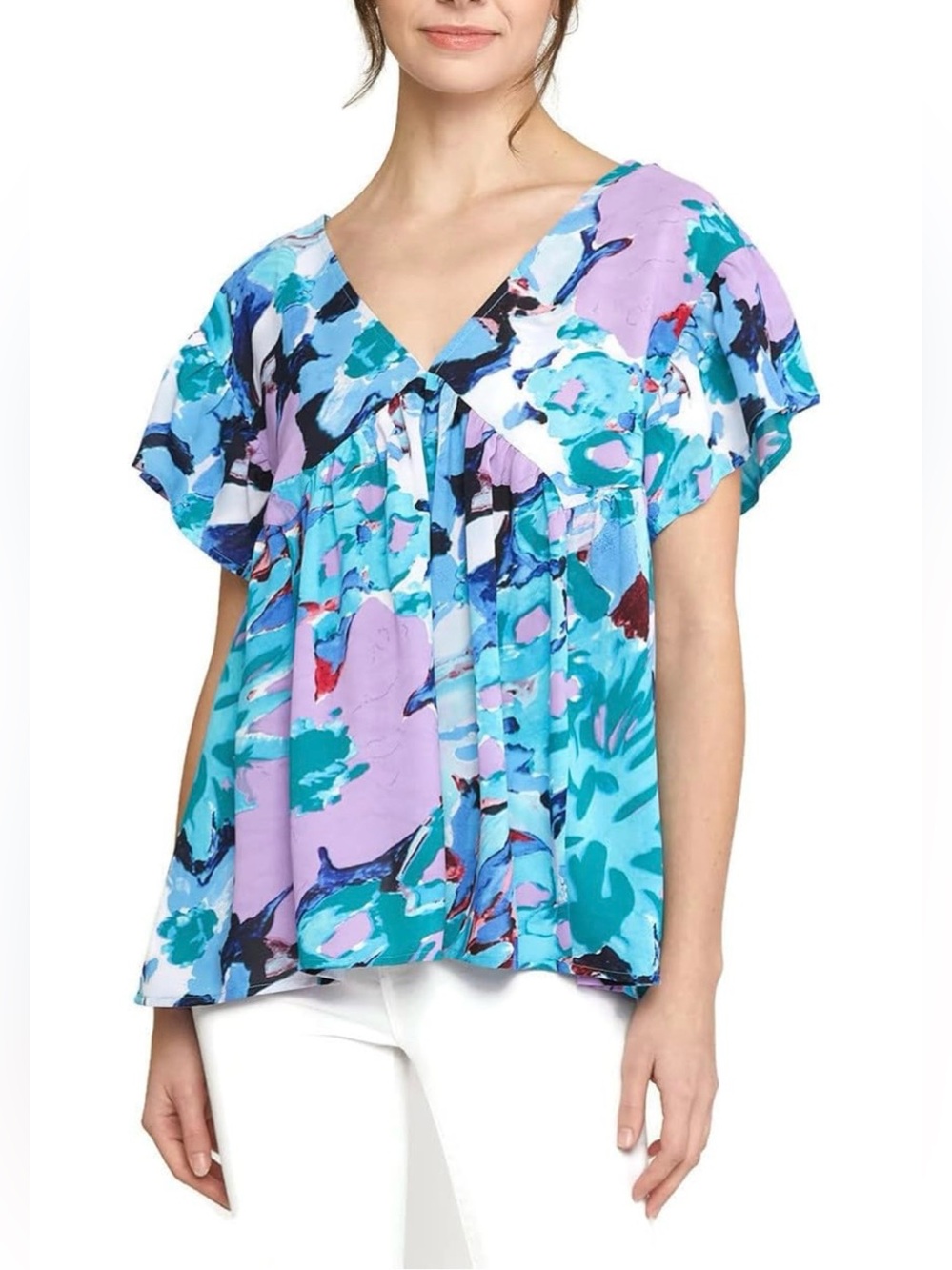 entro V-Neck Flutter Sleeve Blouse in Aqua & Lilac Floral - Picture 10 of 10